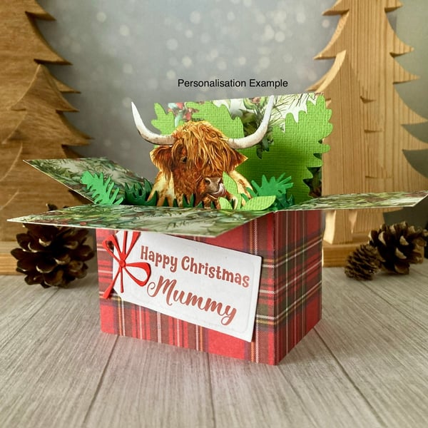 Highland Cow Christmas card. Personalised or blank Scottish coo gift card.