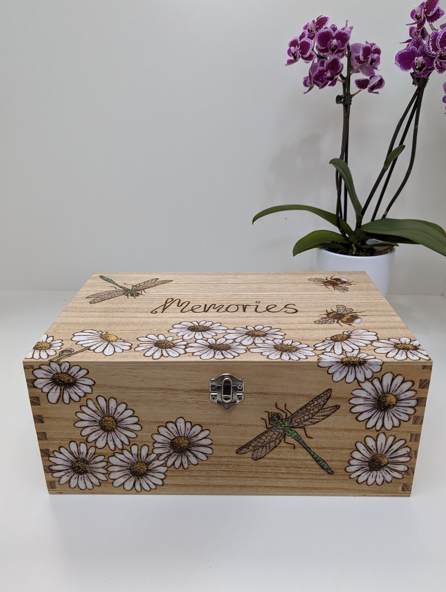 Wooden memory box, keepsake box, pyrography dragonflies, daisies and bees