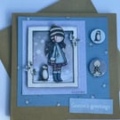 Gorjuss girl and cute penguin Seasons greetings card