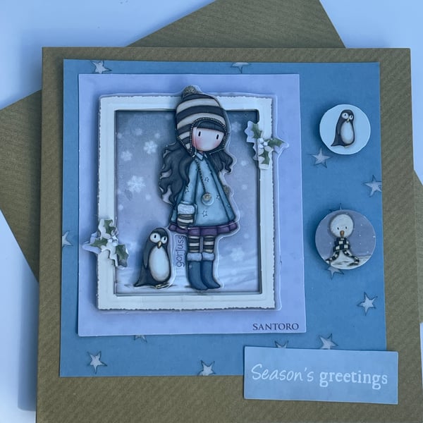 Gorjuss girl and cute penguin Seasons greetings card