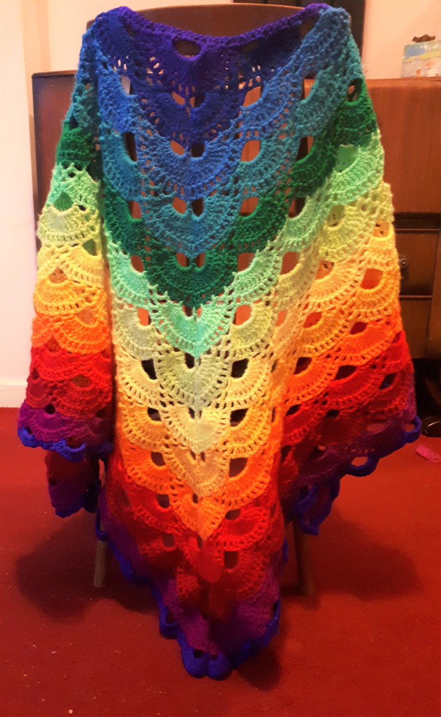 HAND CROCHETED RAINBOW STRIPED LACEY VIRUS PATTERN TRIANGLE SHAWL SCARF WRAP