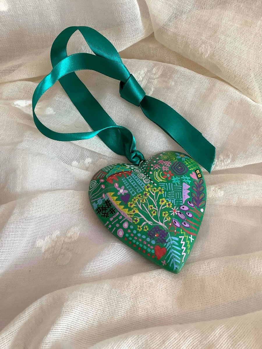 Green hand painted wooden heart