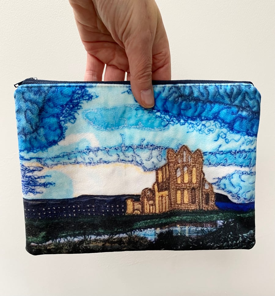 Whitby Abbey velvet makeup, Jewellery, toiletries bag or kindle pouch.