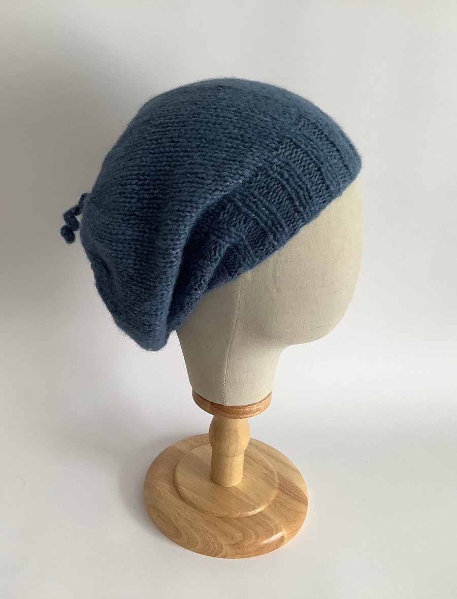 SLOUCH BEANIE hat .'Elodie' .Luxury alpaca, merino wool blend . Denim blue. 