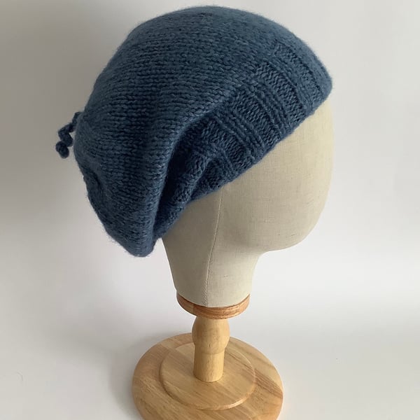 SLOUCH BEANIE hat .'Elodie' .Luxury alpaca, merino wool blend . Denim blue. 