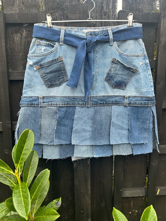 Denim pleated skirt - Upcycled - Reworked - Size 12