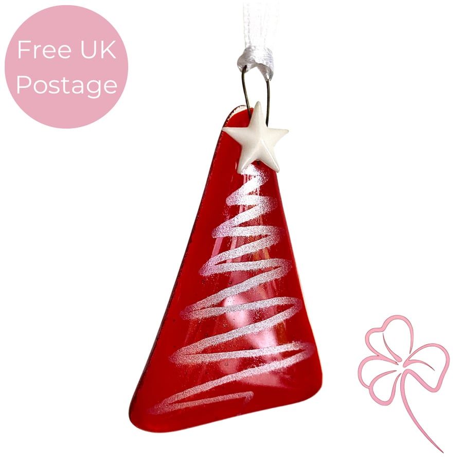 Red Fused Glass Swirl Christmas Tree Decoration