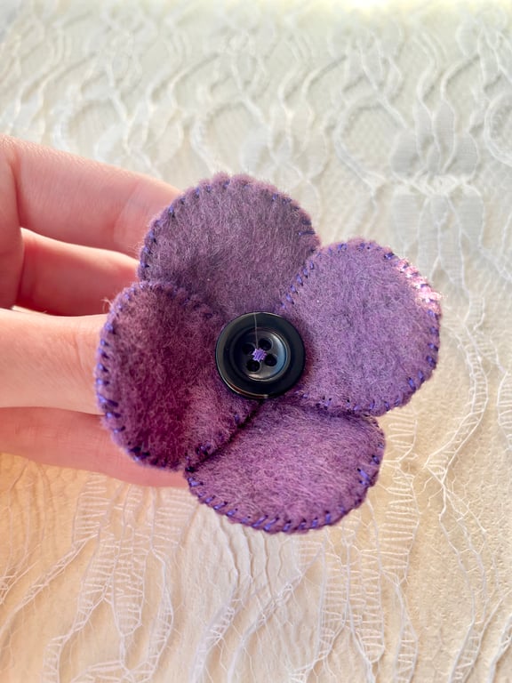 Hand sewn purple felt button poppy brooch pin