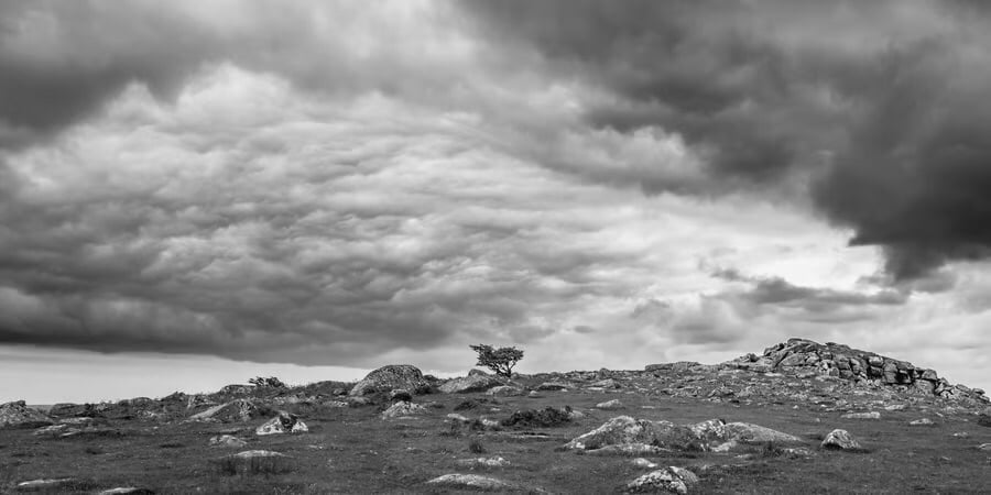 Print from panoramic black and white photograph of Tregarrick Tor, Bodmin Moor