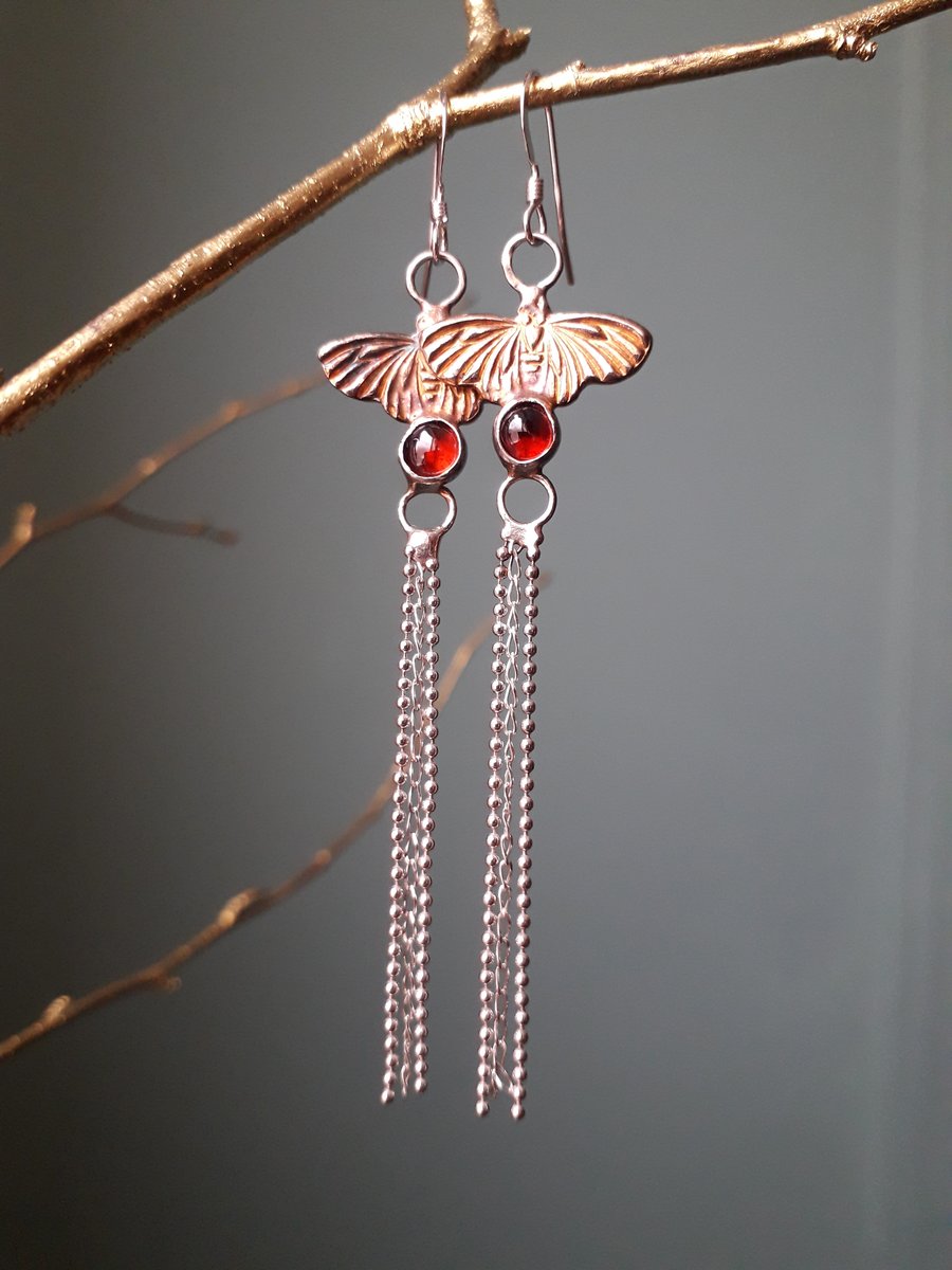 Fairy Moth Garnet dangling earrings, silver, golden patina, handmade 