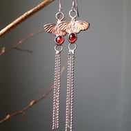 Fairy Moth Garnet dangling earrings, silver, golden patina, handmade 