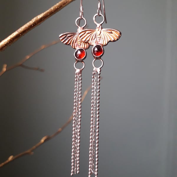 Fairy Moth Garnet dangling earrings, silver, golden patina, handmade 