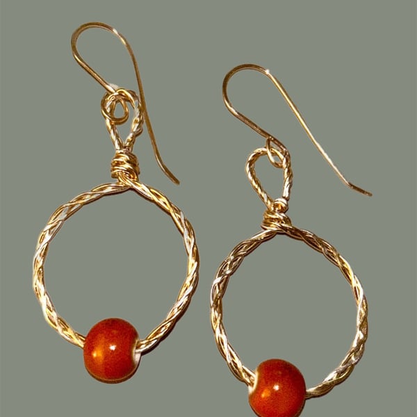 Earrings- Vibrant Orange Ceramic on Hoop - Boho style, Dangle