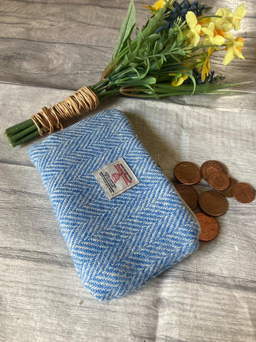 Harris Tweed Coin Purse Blue White Herringbone