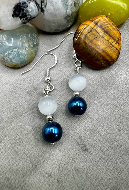 Moonstone and Glass pearl Earrings - Navy blue