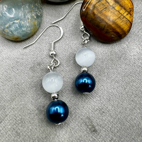 Moonstone and Glass pearl Earrings - Navy blue
