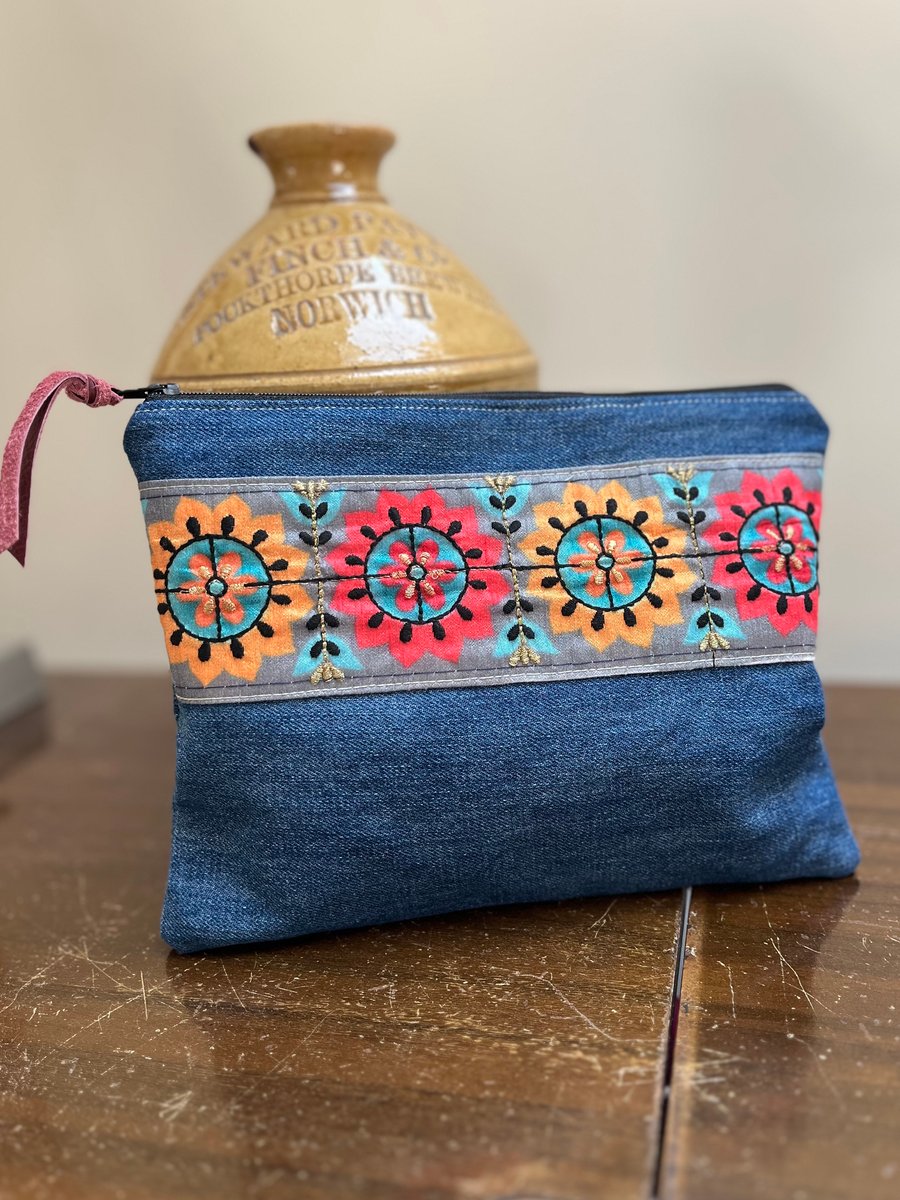 Reclaimed denim and braid zip pouch with liberty floral lining
