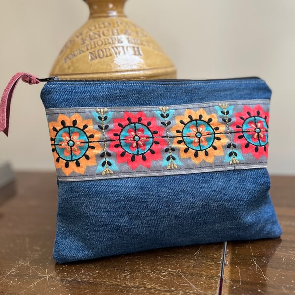 Reclaimed denim and braid zip pouch with liberty floral lining
