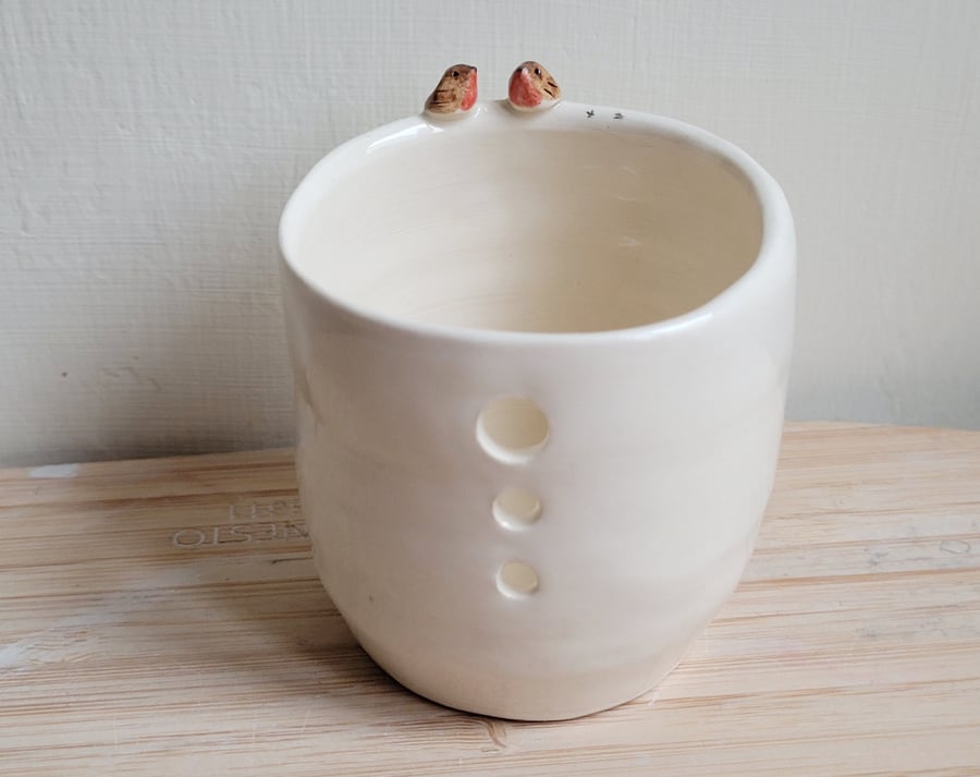 Tealight with 2 robin birds and cut outs Ceramic candle holder Seconds Sunday