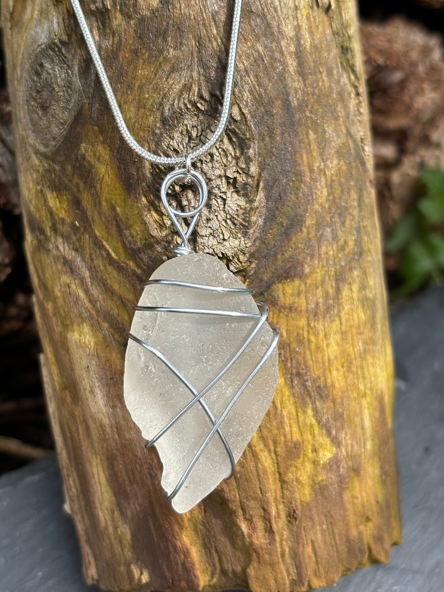 Handmade Wire wrapped Sea glass pendant necklace 