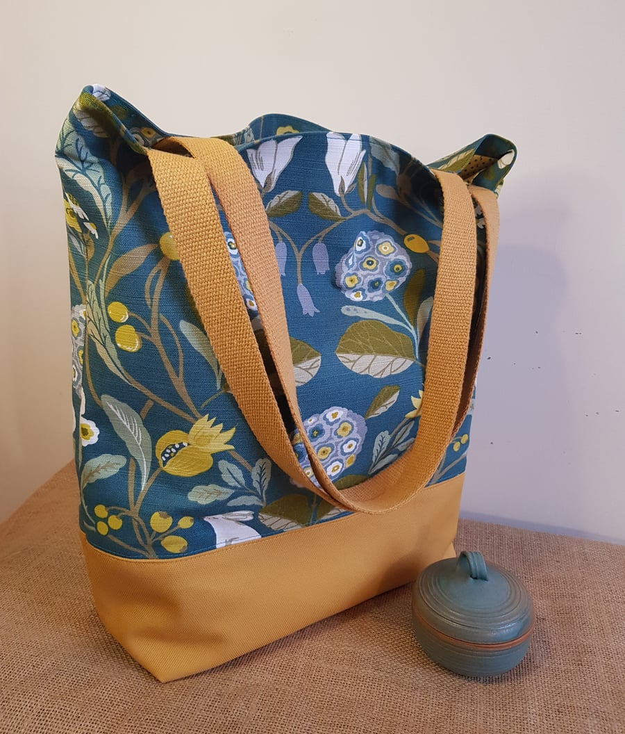Large tote bag: forest and rabbit fabric with contrasting canvas base