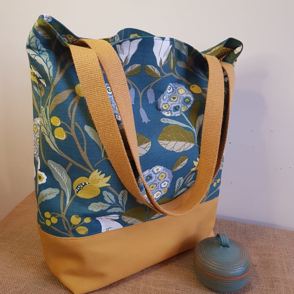 Large tote bag: forest and rabbit fabric with contrasting canvas base