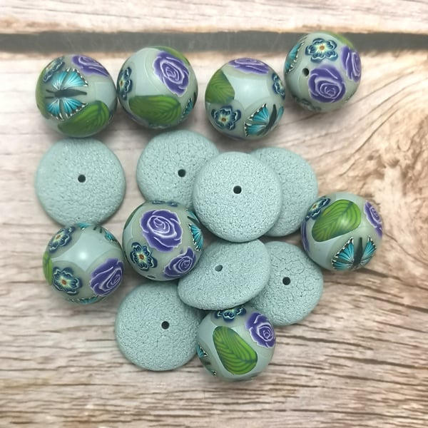 Blue Millefiori Polymer Clay Beads and Spacers