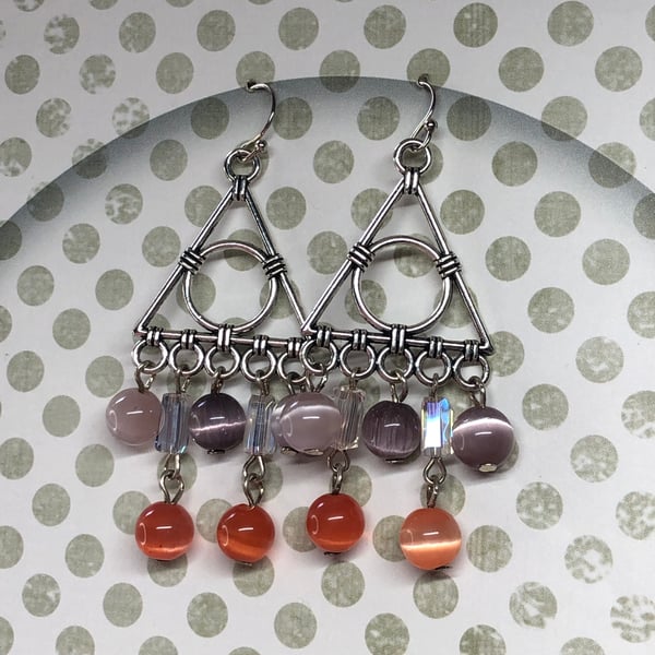 Plum and Tangerine glass chandelier earrings