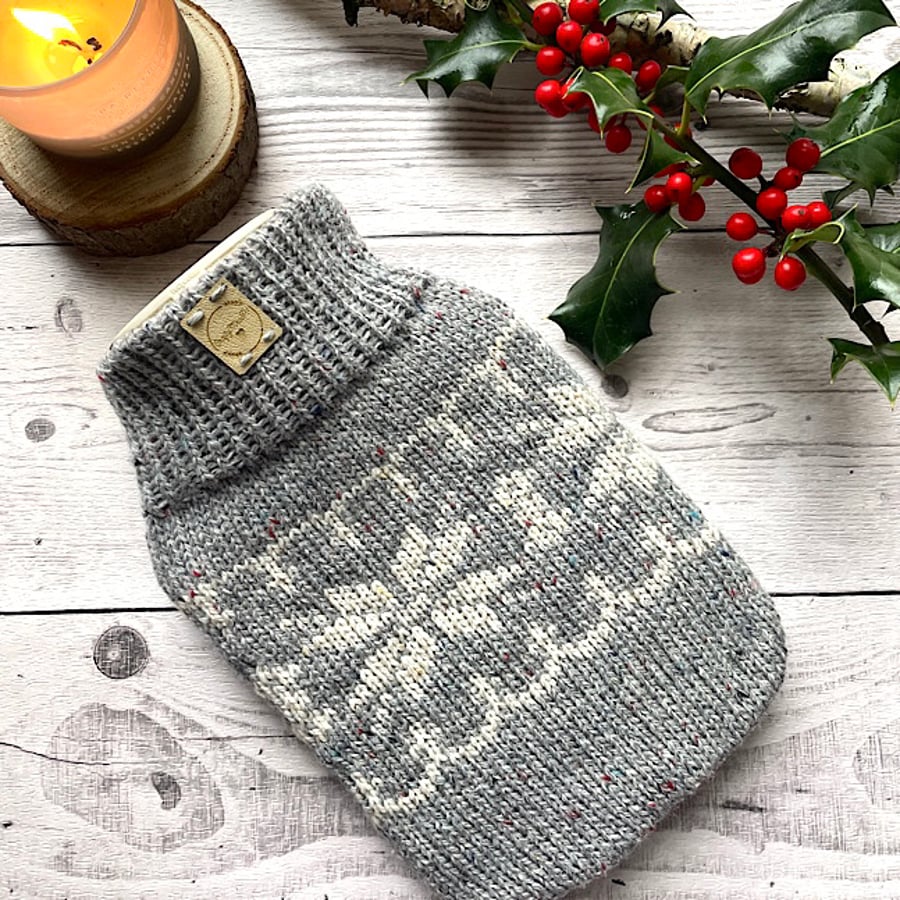 Hot water bottle cover small mini recycled sustainable gifts Christmas snowflake