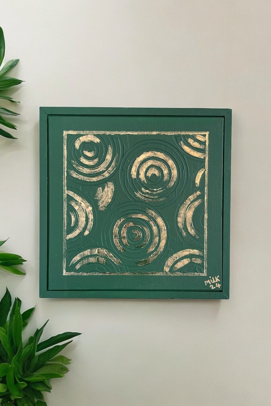 Forest Green Abstract Circles Textured Art Gold Leaf Details 