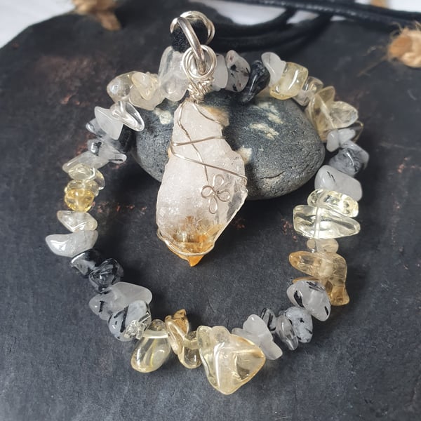 Raw citrine wire wrapped necklace with citrine and rutlilated quartz bracelet