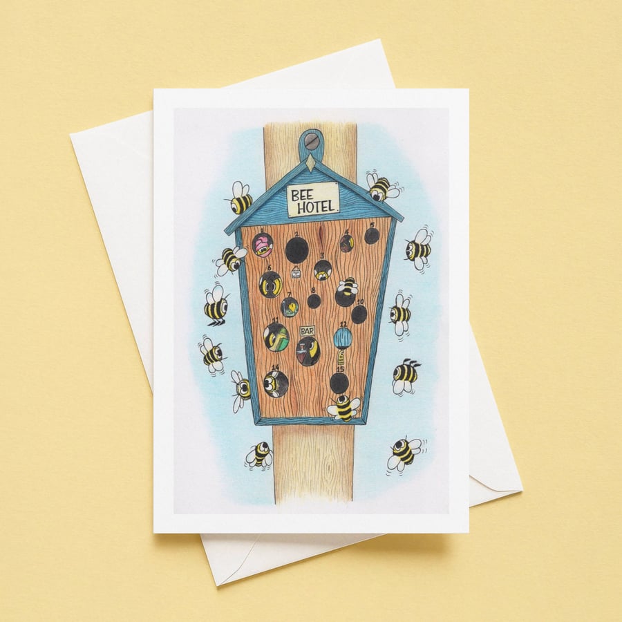 Bee Hotel Greeting Card: Hand Drawn Busy Bee Illustration (215)