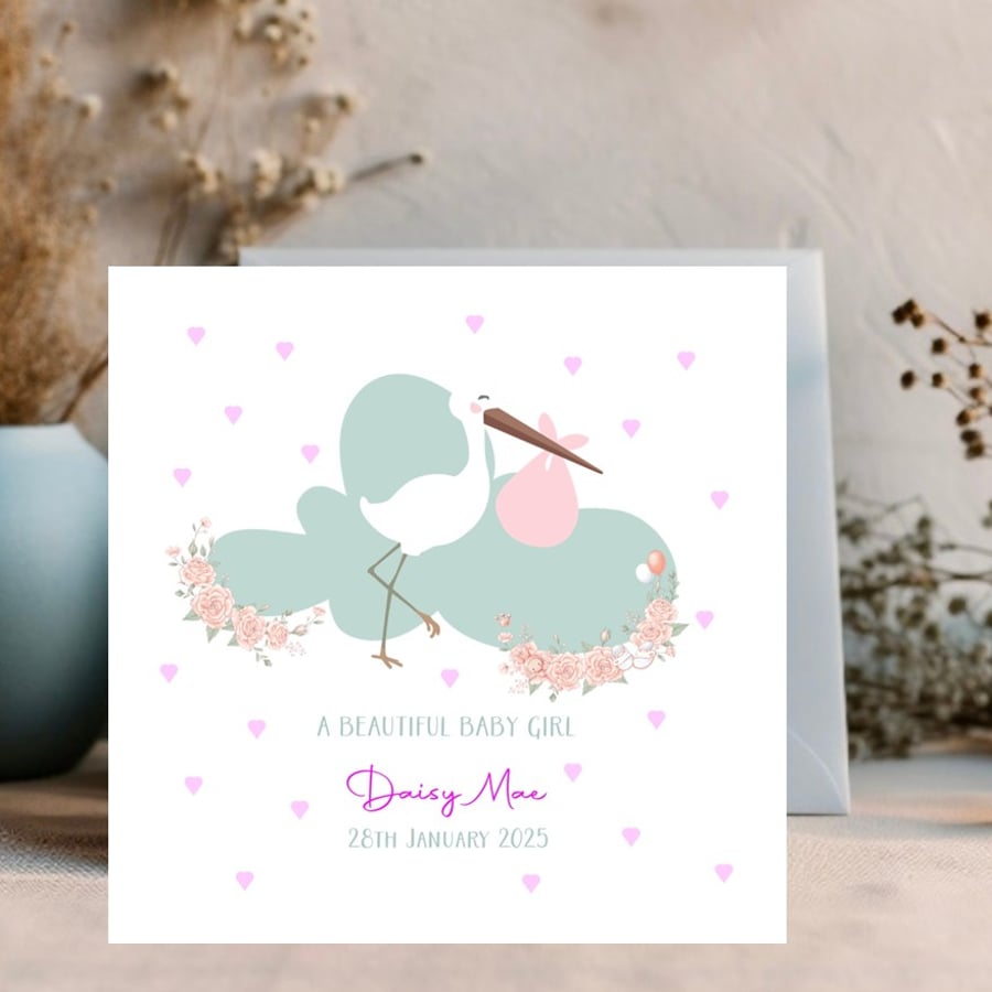 Personalised New Baby Girl Card - Watercolour stork design