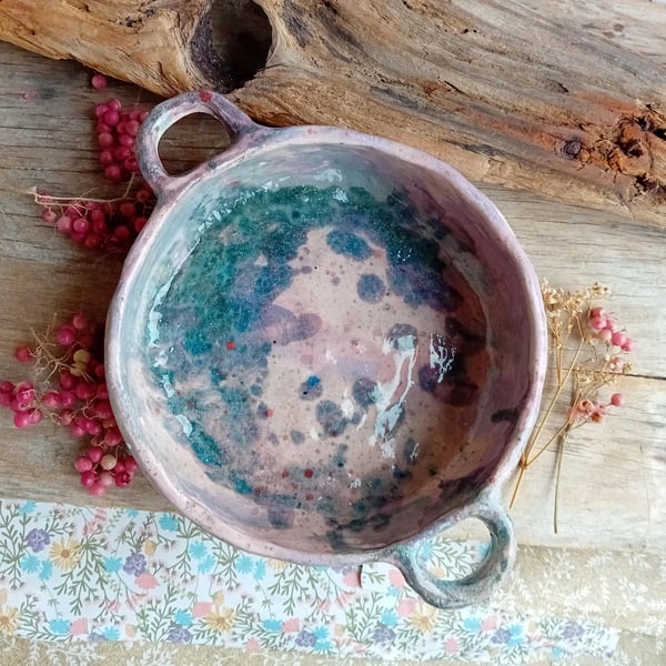 Earthenware pottery painted bowl rustic organic shape lavender purple  pinch pot