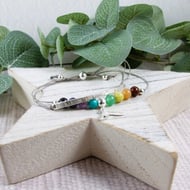 Sterling Silver Bar and Rainbow Gemstone Bracelet with Feather Charm