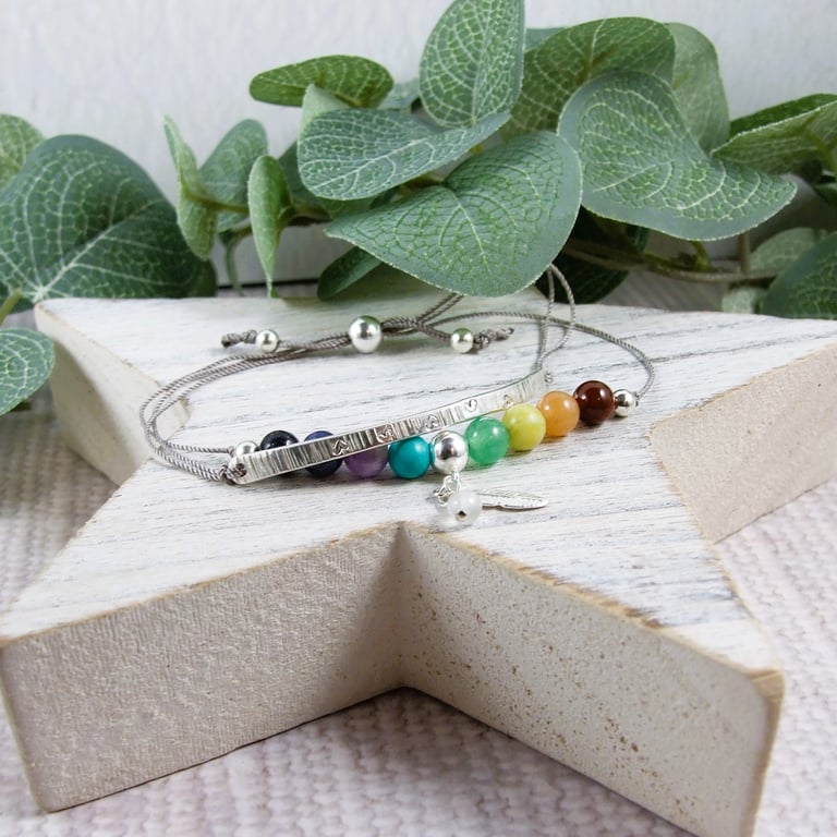 Sterling Silver Bar and Rainbow Gemstone Bracelet with Feather Charm