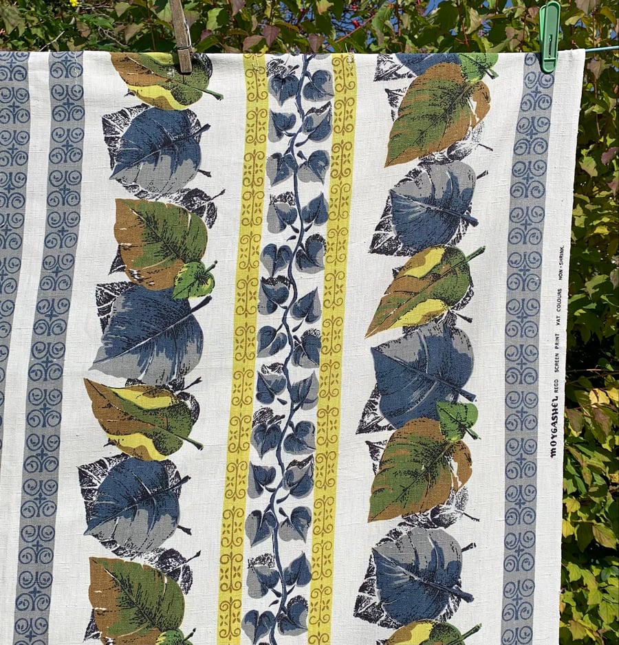 Mid Century RETRO Blue Yellow Green Leaf 60s 50s MOYGASHEL Vintage Fabric
