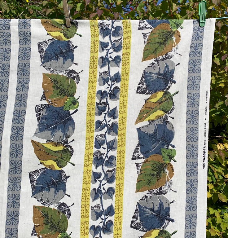 Mid Century RETRO Blue Yellow Green Leaf 60s 50s MOYGASHEL Vintage Fabric