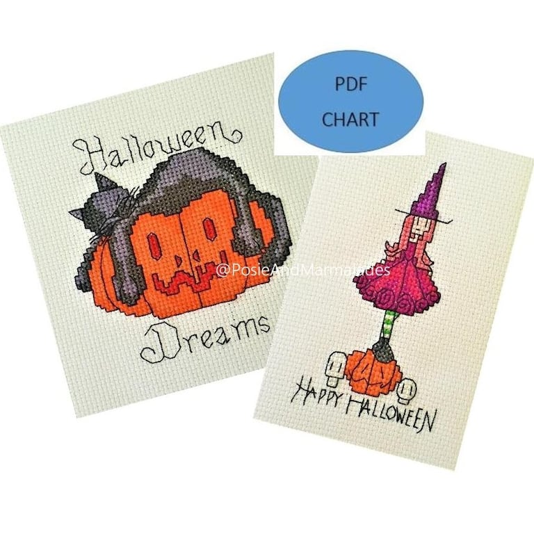 Halloween Cat and Witch cross stitch patterns set of 2 (Digital Download) PDF