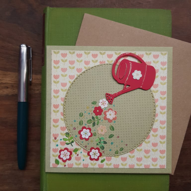 Handmade blank card, keepsake with red watering can and flowers, tulips
