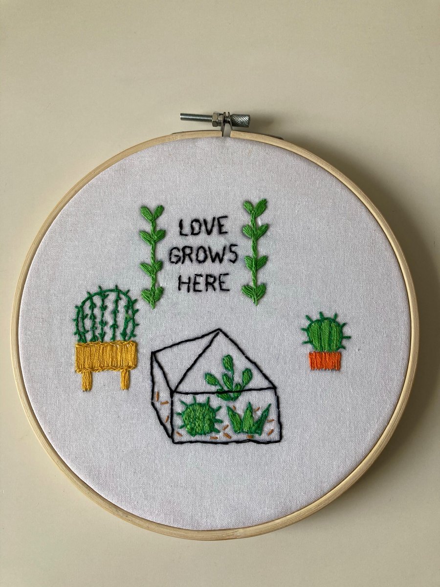 Hand embroidered hoop art picture of Plants