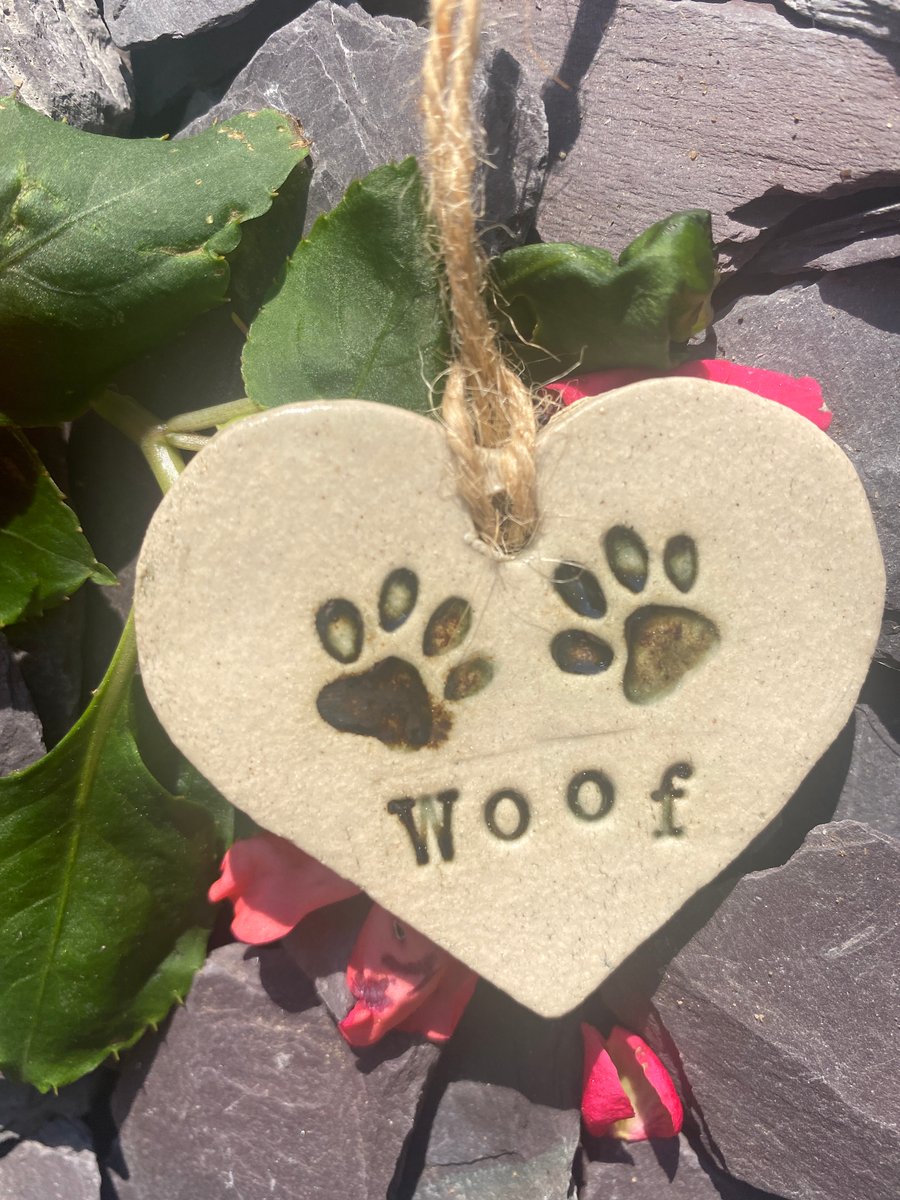 dog Paw prints - woof - pottery hanging heart, , gift ornament, free shipping