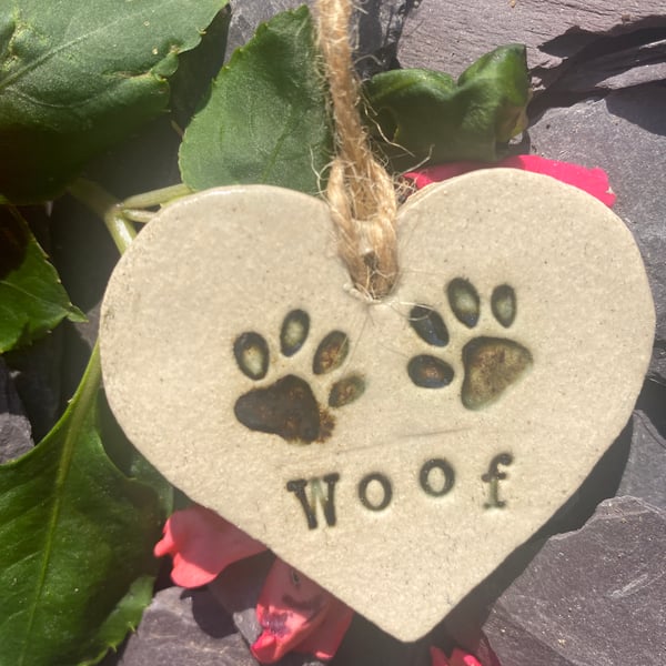 dog Paw prints - woof - pottery hanging heart, , gift ornament, free shipping