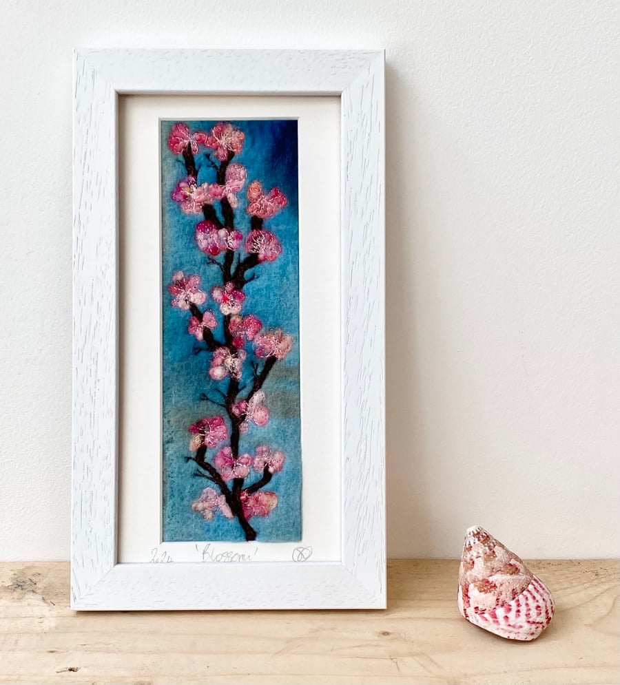 Framed embroidered cherry blossom needle  felting artwork, wall art. 
