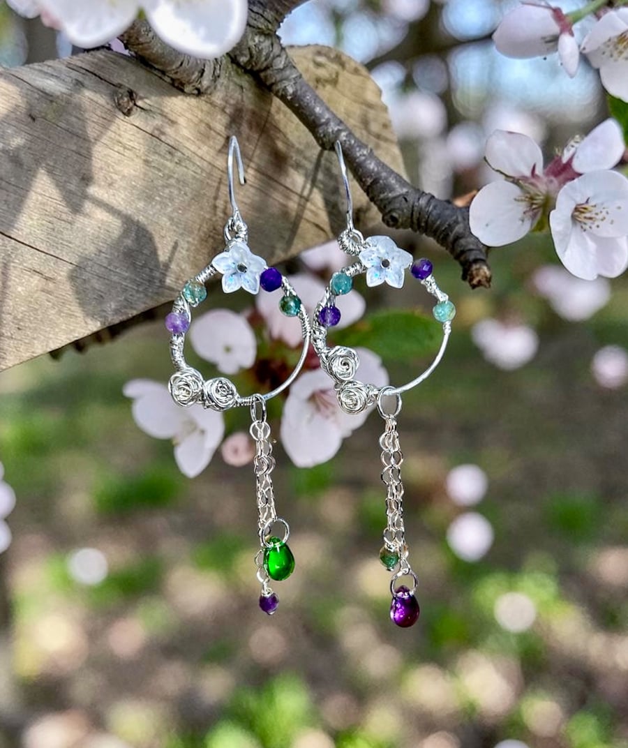 Sterling Silver Amethyst & Peridot Flower Earrings - Gift Boxed