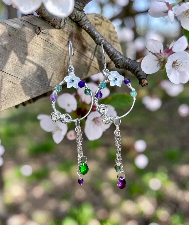 Sterling Silver Amethyst & Peridot Flower Earrings - Gift Boxed