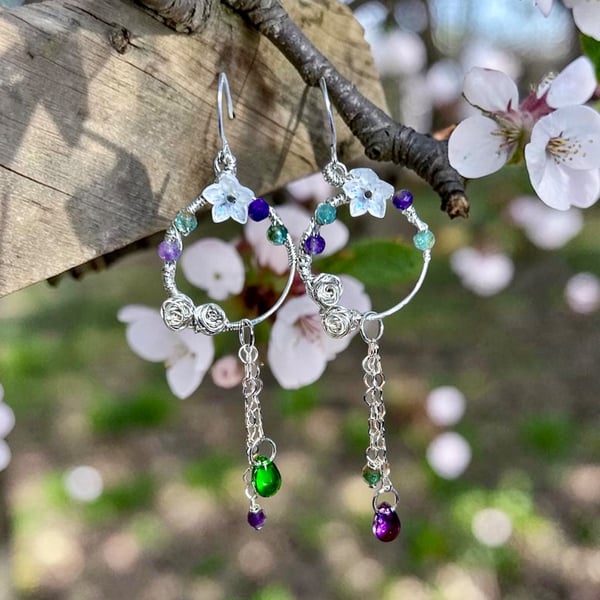 Sterling Silver Amethyst & Peridot Flower Earrings - Gift Boxed