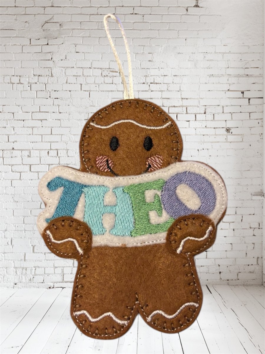 Personalised gingerbread man with name Theo Embroidered Hanging Keepsake