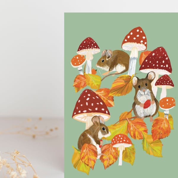 Mice toadstool wildlife blank card