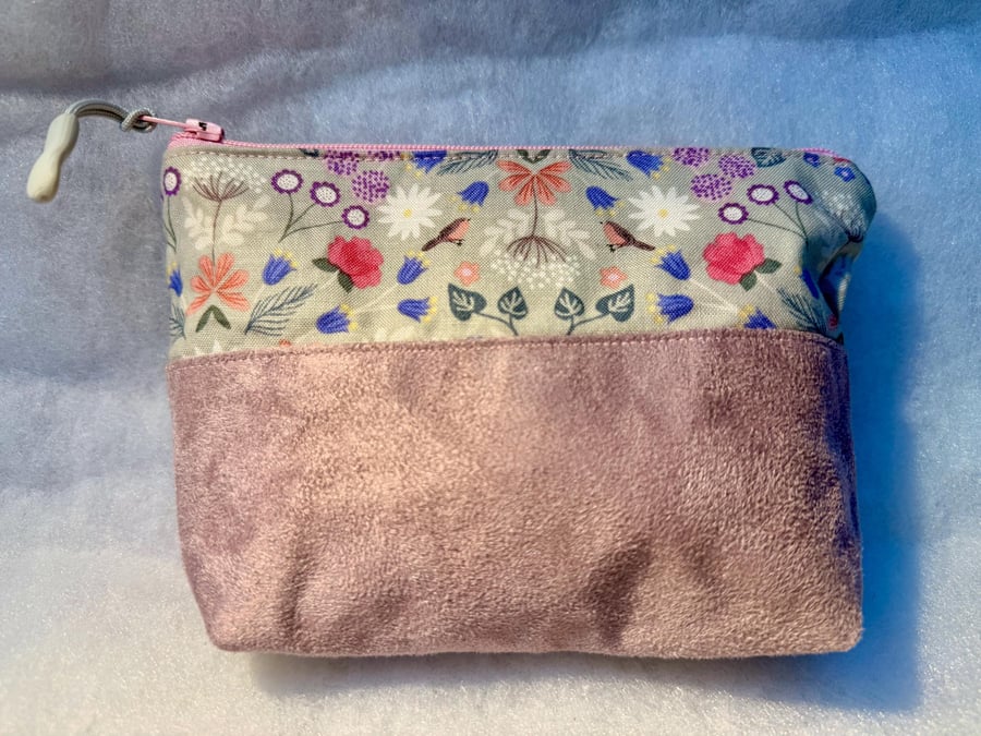 Birds on silver - Small zipped pouch for makeup, shaving kit, medication etc...